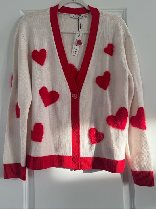 Alice + Olivia Sweaters - Alice + Olivia Soft White Cardigan with Red Heart Accents NWT Size L